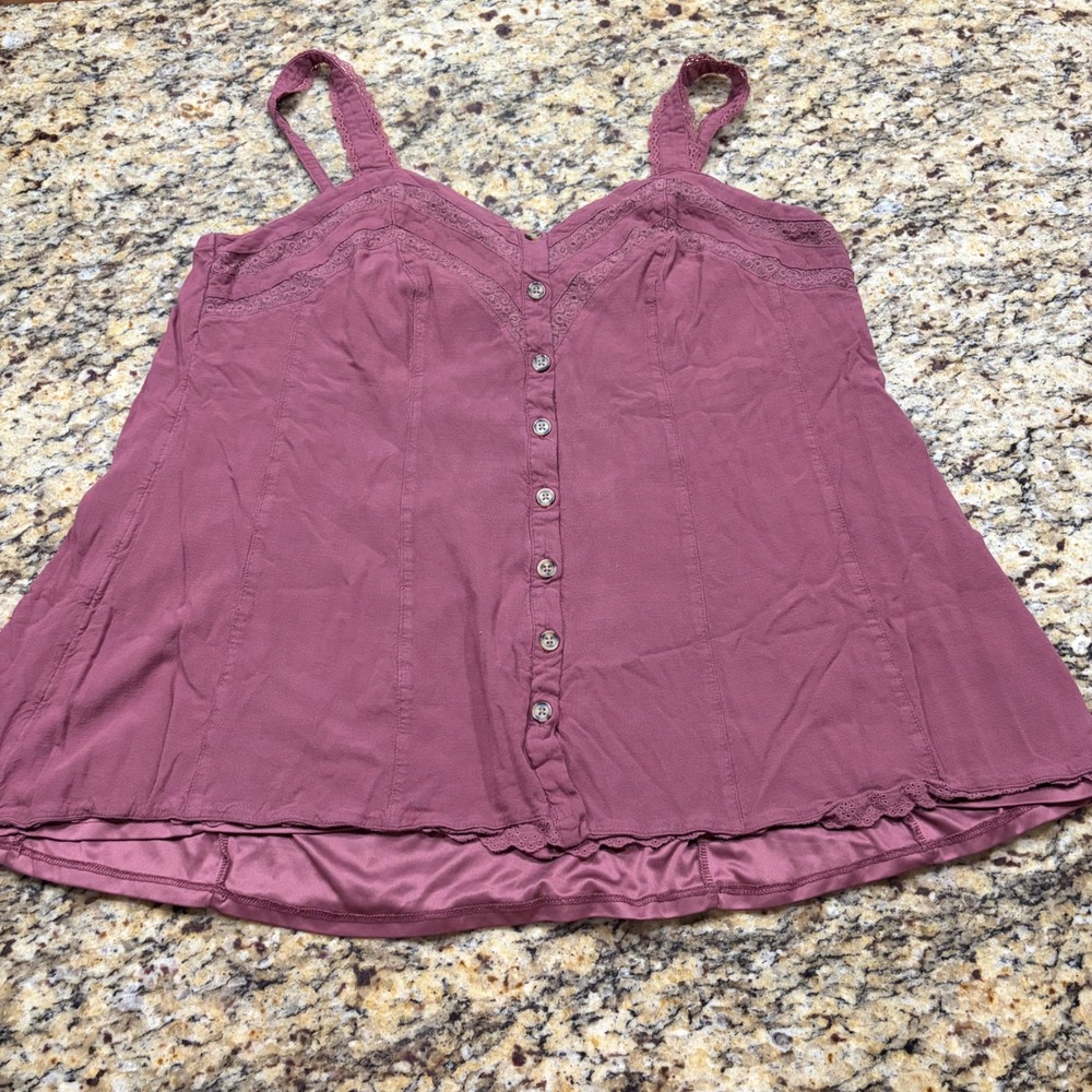 Torrid Womens Plus Size 2 Plum Purple Lace Trim Button Front Cami Babydoll Top v